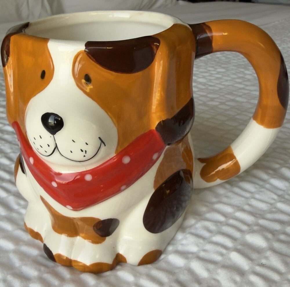 Pier 1 Imports Dog Figural Earthenware Mug 18 fl oz Brown/White Red Bandana